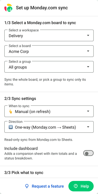 Screenshot of the Monday to Sheets sidebar setting up a sync: workspace, board and group pickers, When to sync set to Manual (on refresh), Direction set to One-way (monday.com to Sheets), and an Include dashboard toggle