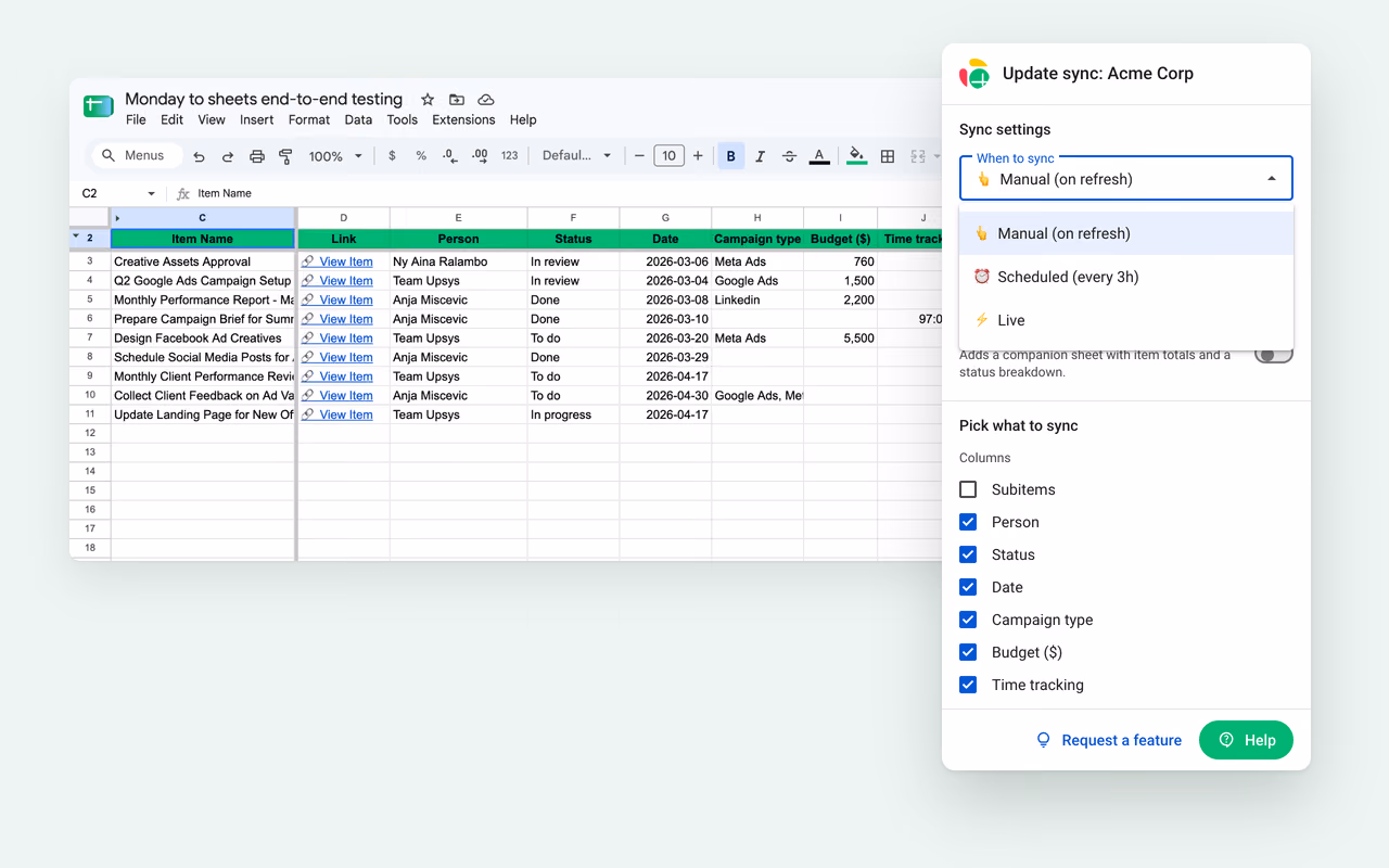 Monday to Sheets: customize every sync