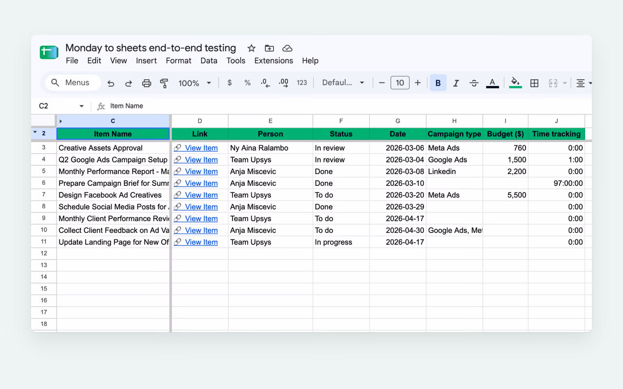 Monday to Sheets: sync items